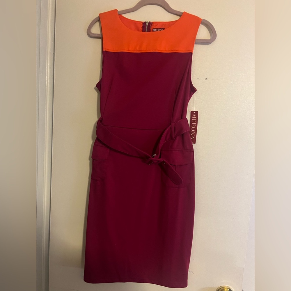 Merona Magenta with Orange Sherbert Sheath Midi Dress Sleeveless Crew Neck NWT